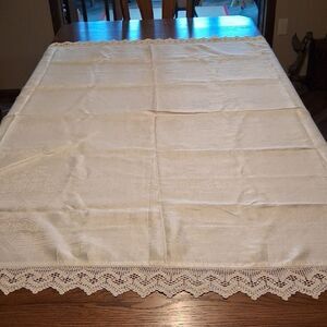 Elegant White  75" X 80  damask Tablecloth with ecru tatted or crocheted Lace"
